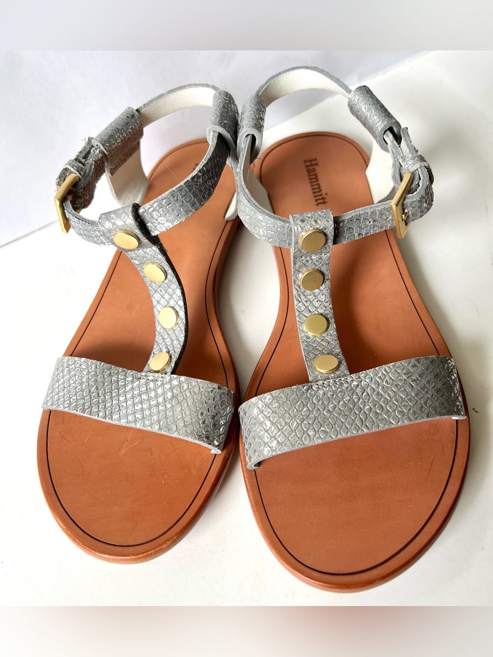 NEW Hammitt Jesse Meteor Silver Blue Metallic Gold Stud T Strap Buckle Sandals 7